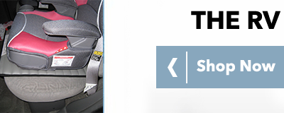 Pink and gray child booster seat in car